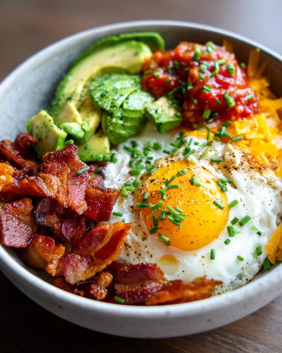 A vibrant Savory Keto Breakfast Bowl featuring a fried egg, bacon, avocado, salsa, and cheese.