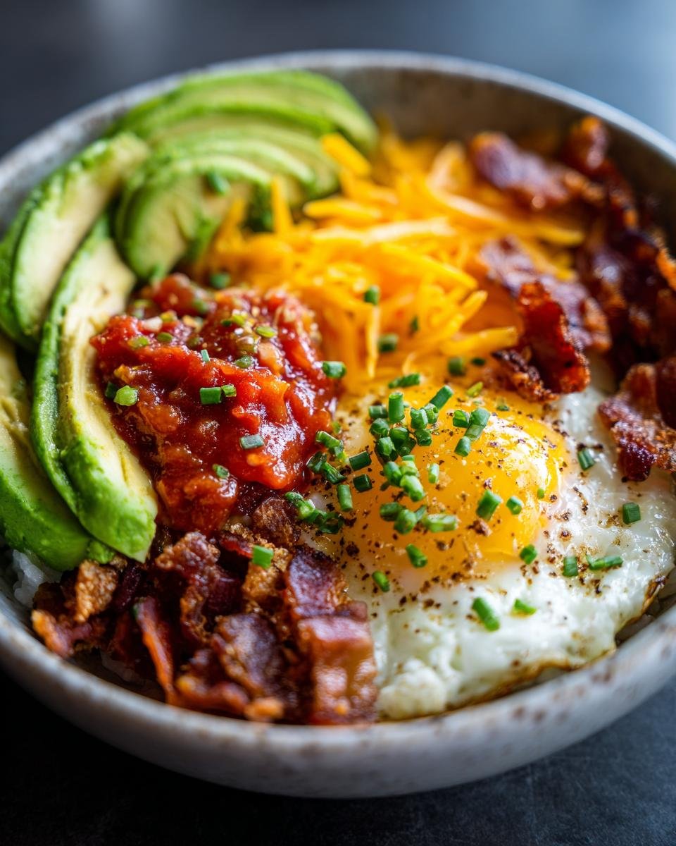 A vibrant Savory Keto Breakfast Bowl featuring a fried egg, bacon, avocado, salsa, and cheese.