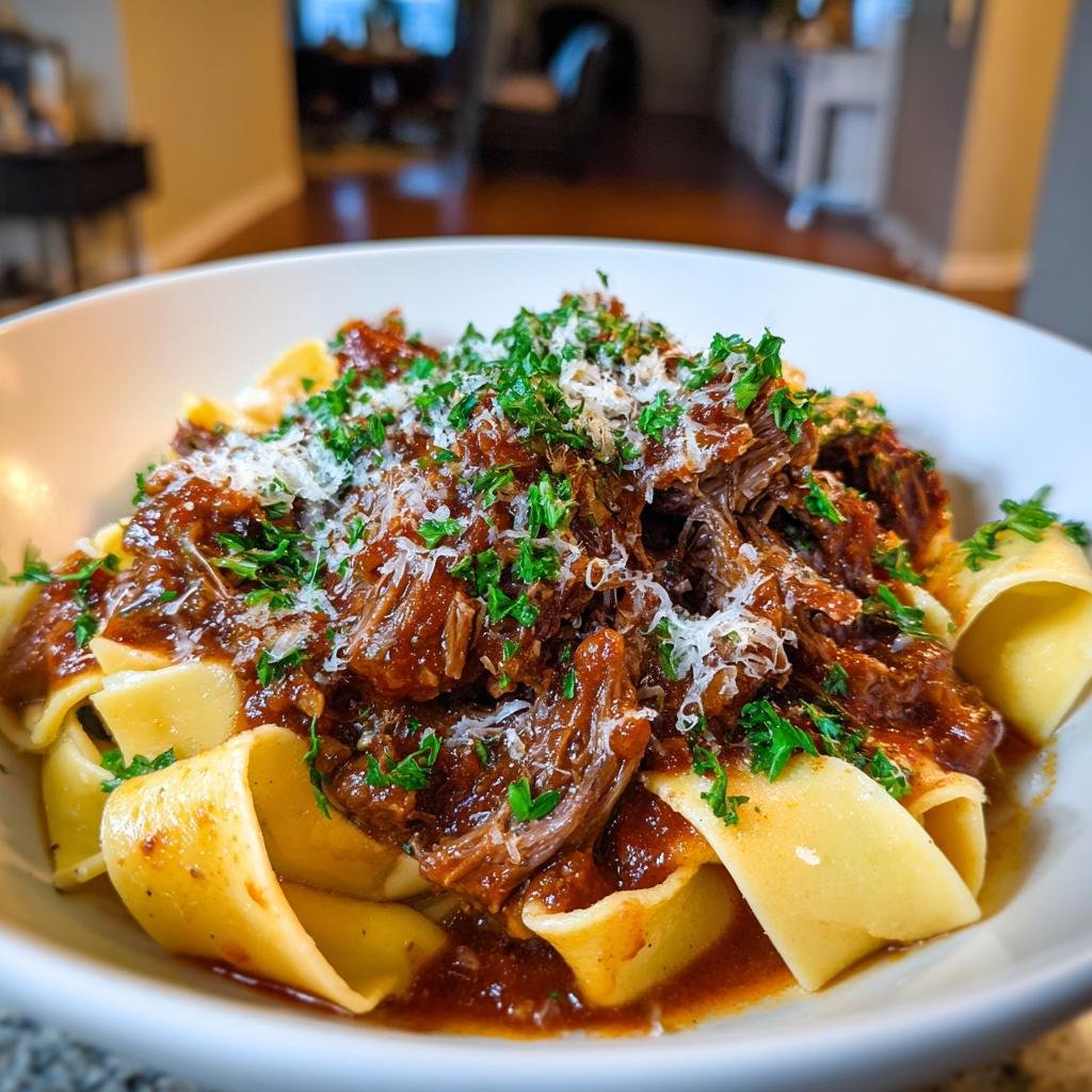 A bowl of Short Rib Ragu with Pappardelle, garnished with parsley and parmesan cheese.
