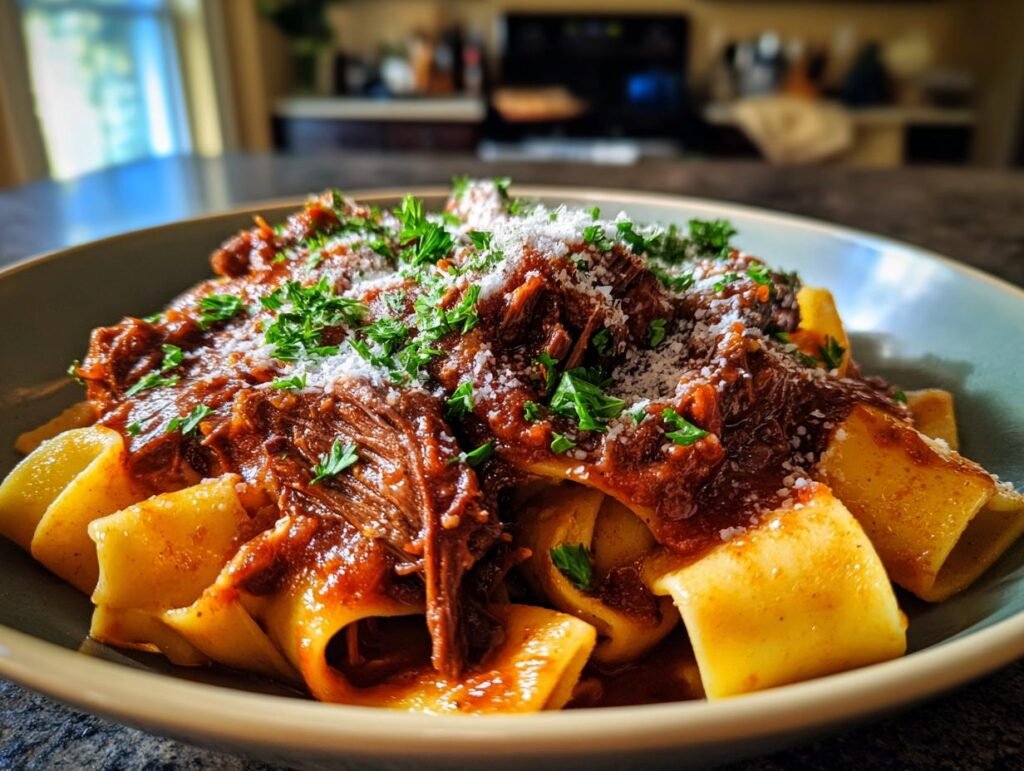 A bowl of Short Rib Ragu with Pappardelle, topped with parmesan and parsley.