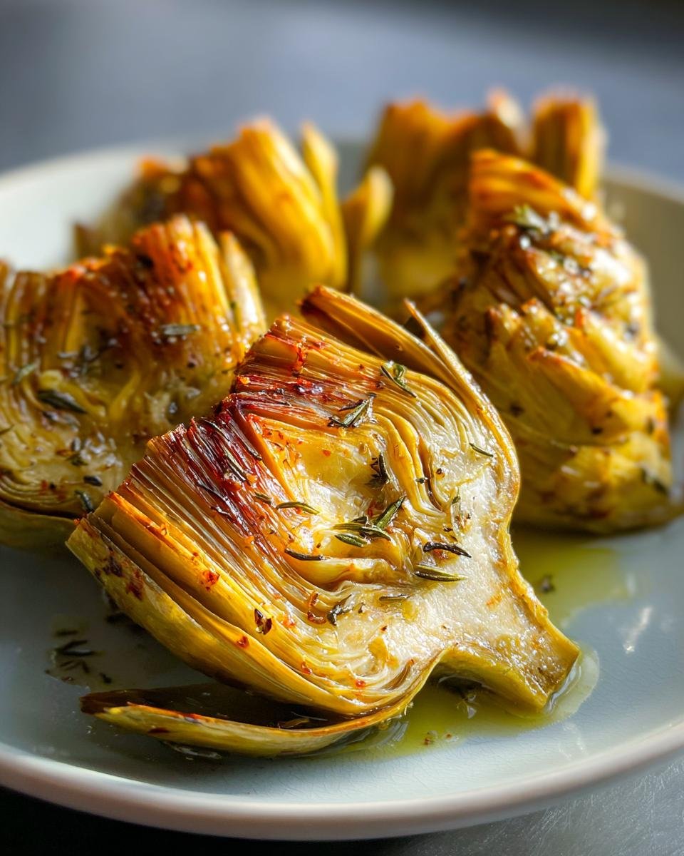 Close-up of Simple Crunchy Artichoke Hearts seasoned with herbs, plated and ready to eat.