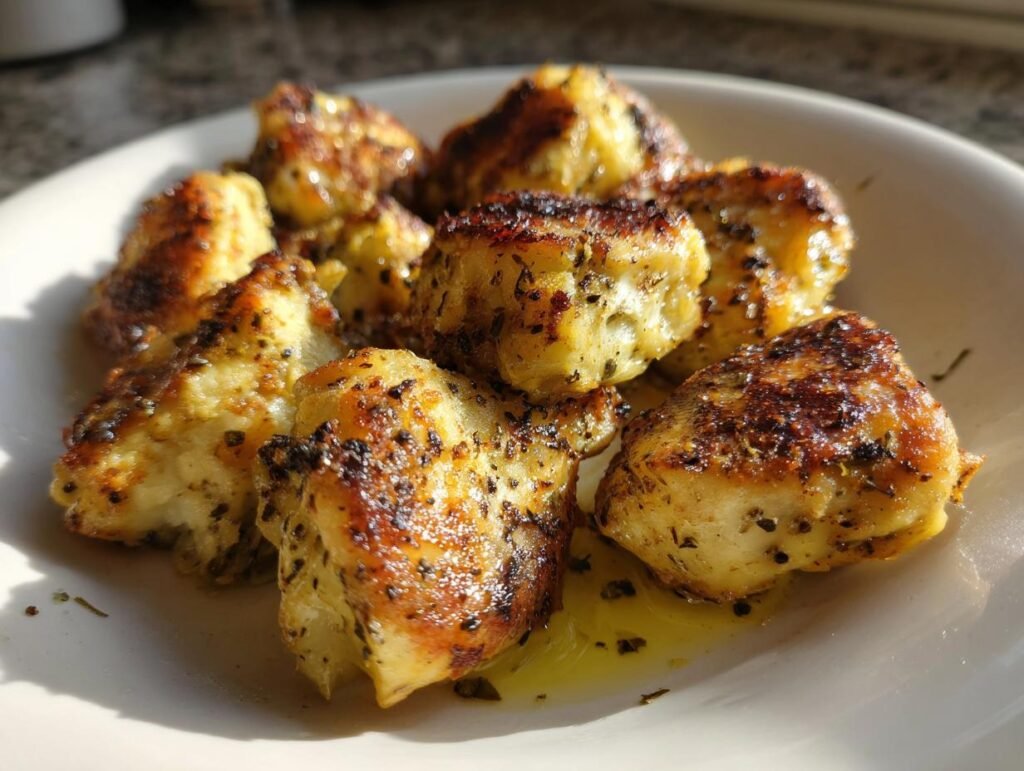 A plate of golden brown Simple Crunchy Artichoke Hearts, seasoned with herbs and glistening with oil.