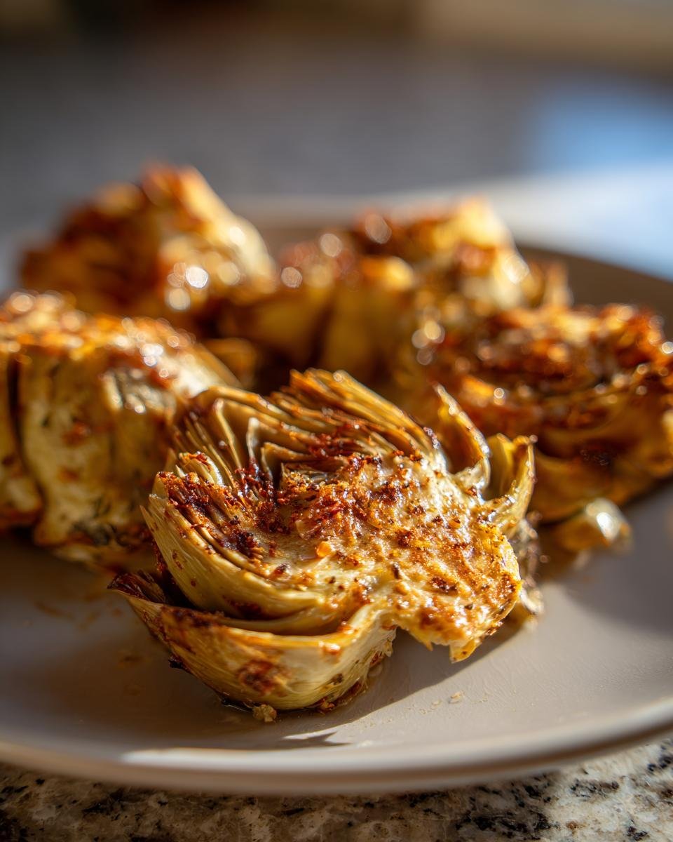 A close-up shot of Simple Crunchy Artichoke Hearts on a plate, showcasing their golden-brown, crispy texture.