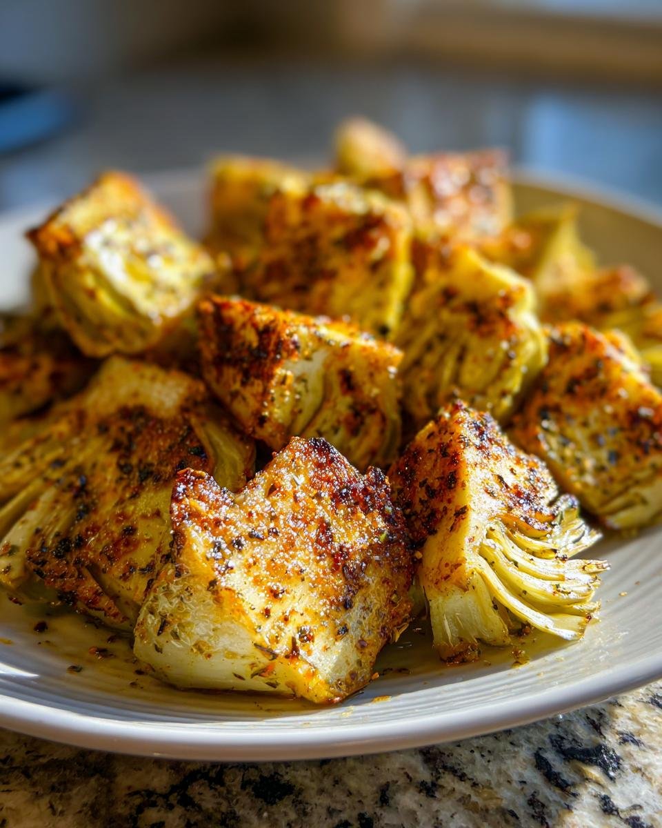 A plate of golden, crispy Simple Crunchy Artichoke Hearts, seasoned and ready to eat.