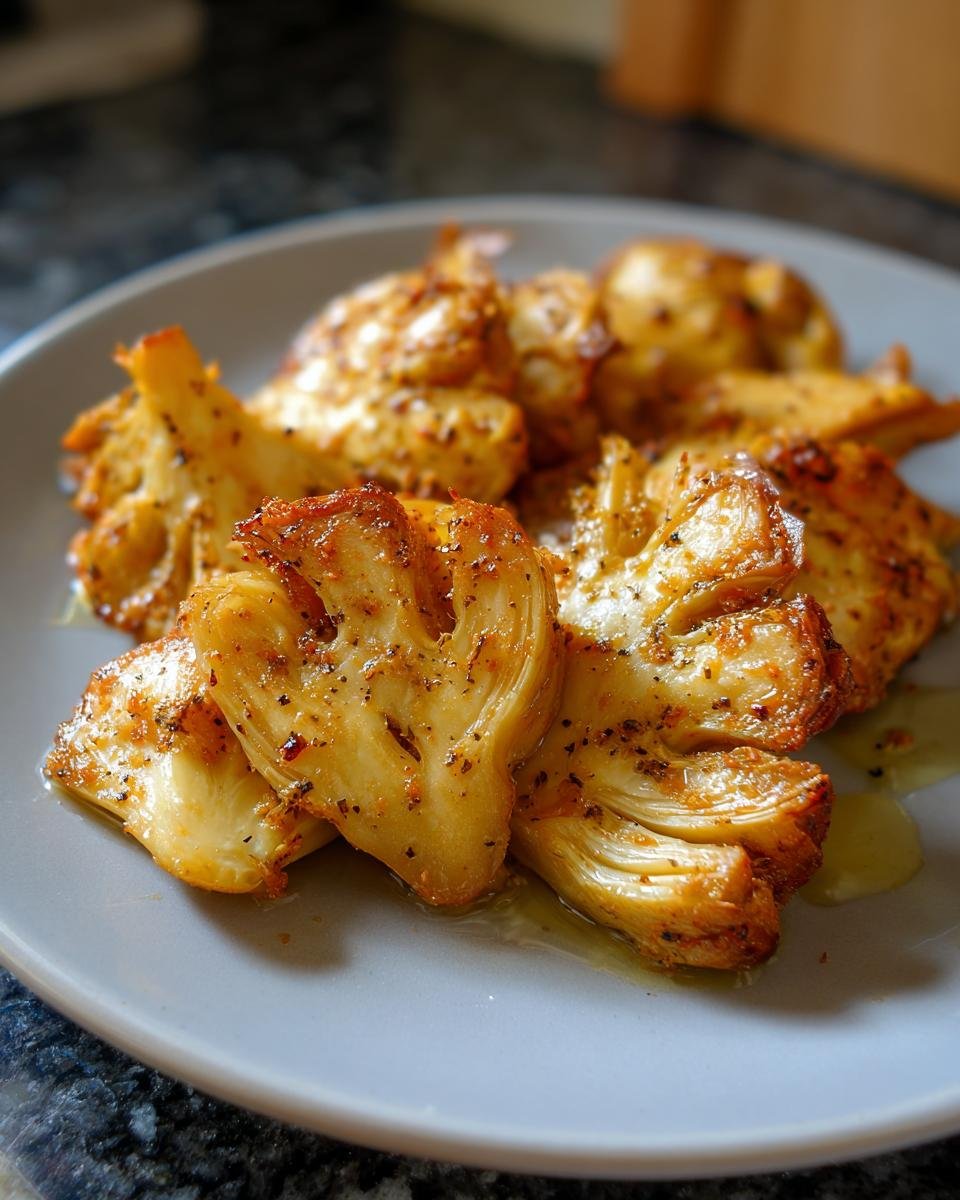 Close-up of a plate of golden, seasoned Simple Crunchy Artichoke Hearts, ready to eat.