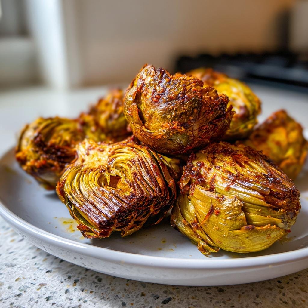 A plate of golden brown Simple Crunchy Artichoke Hearts, ready to be enjoyed.