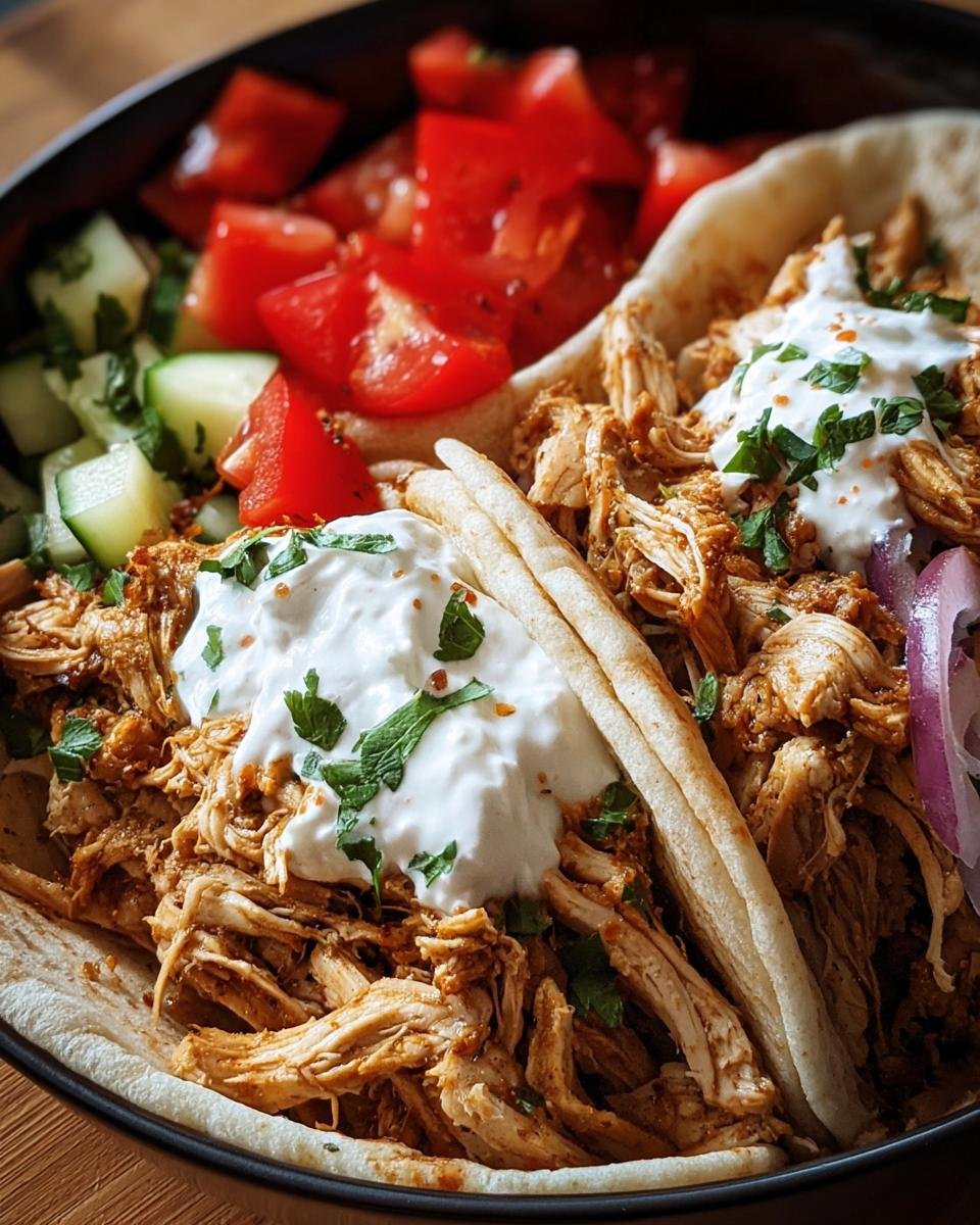 A flavorful Slow Cooker Chicken Shawarma bowl with chicken, pita, veggies, and creamy sauce.
