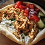 Close-up of Slow Cooker Chicken Shawarma in a pita with tomatoes, onions, cucumbers, and a creamy sauce.