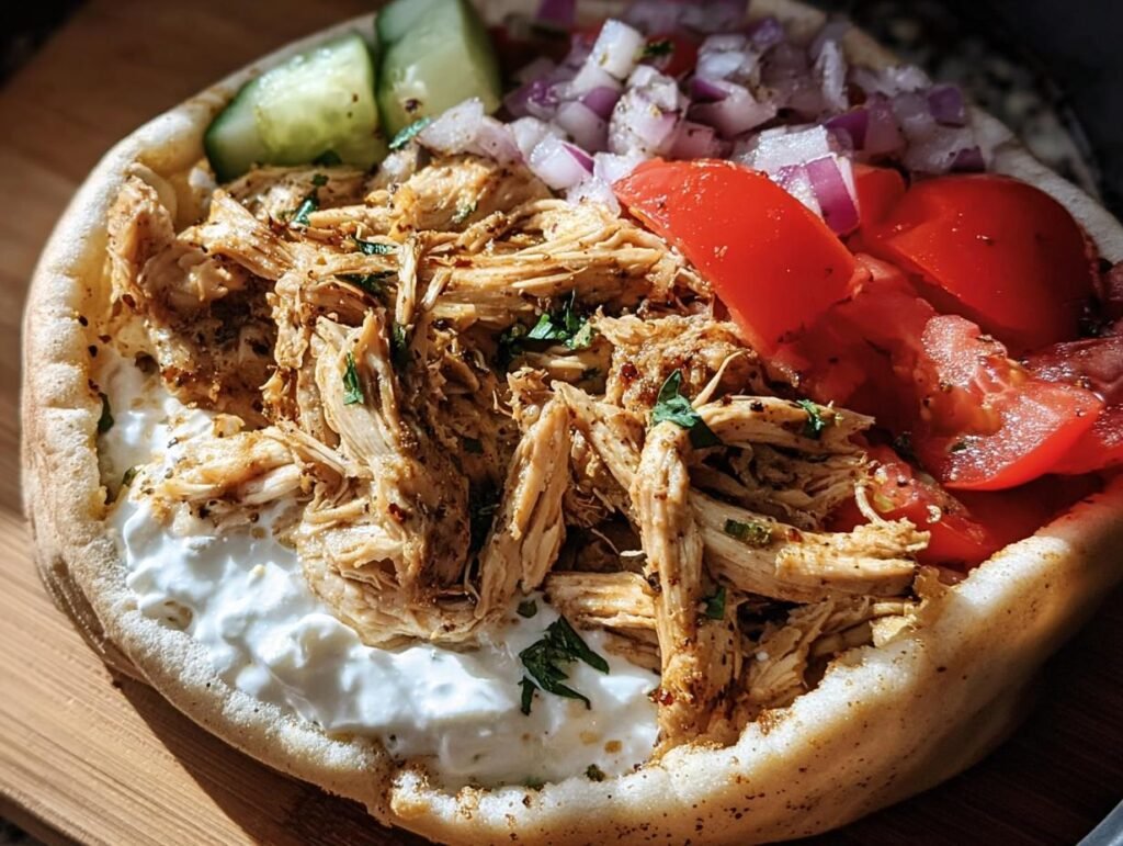 Close-up of Slow Cooker Chicken Shawarma in a pita with yogurt sauce, tomatoes, onions, and cucumbers.