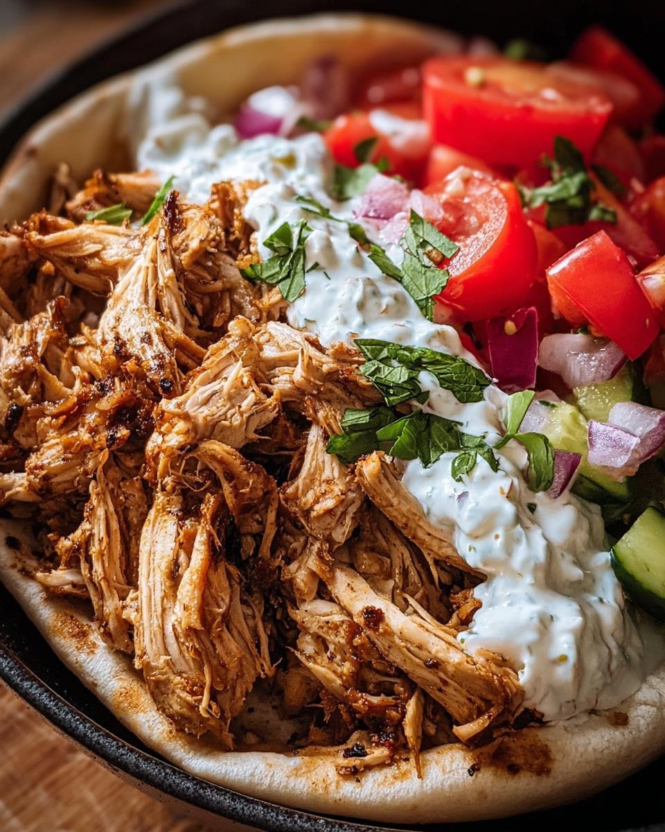 Close-up of Slow Cooker Chicken Shawarma served on pita bread with tzatziki sauce and a fresh tomato and cucumber salad.