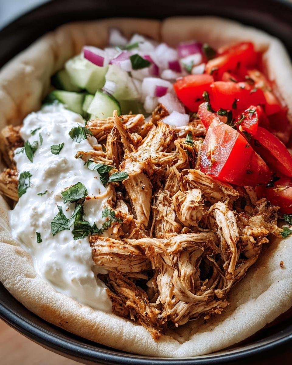 Close-up of Slow Cooker Chicken Shawarma in a pita with yogurt sauce, tomatoes, cucumbers, and red onions.