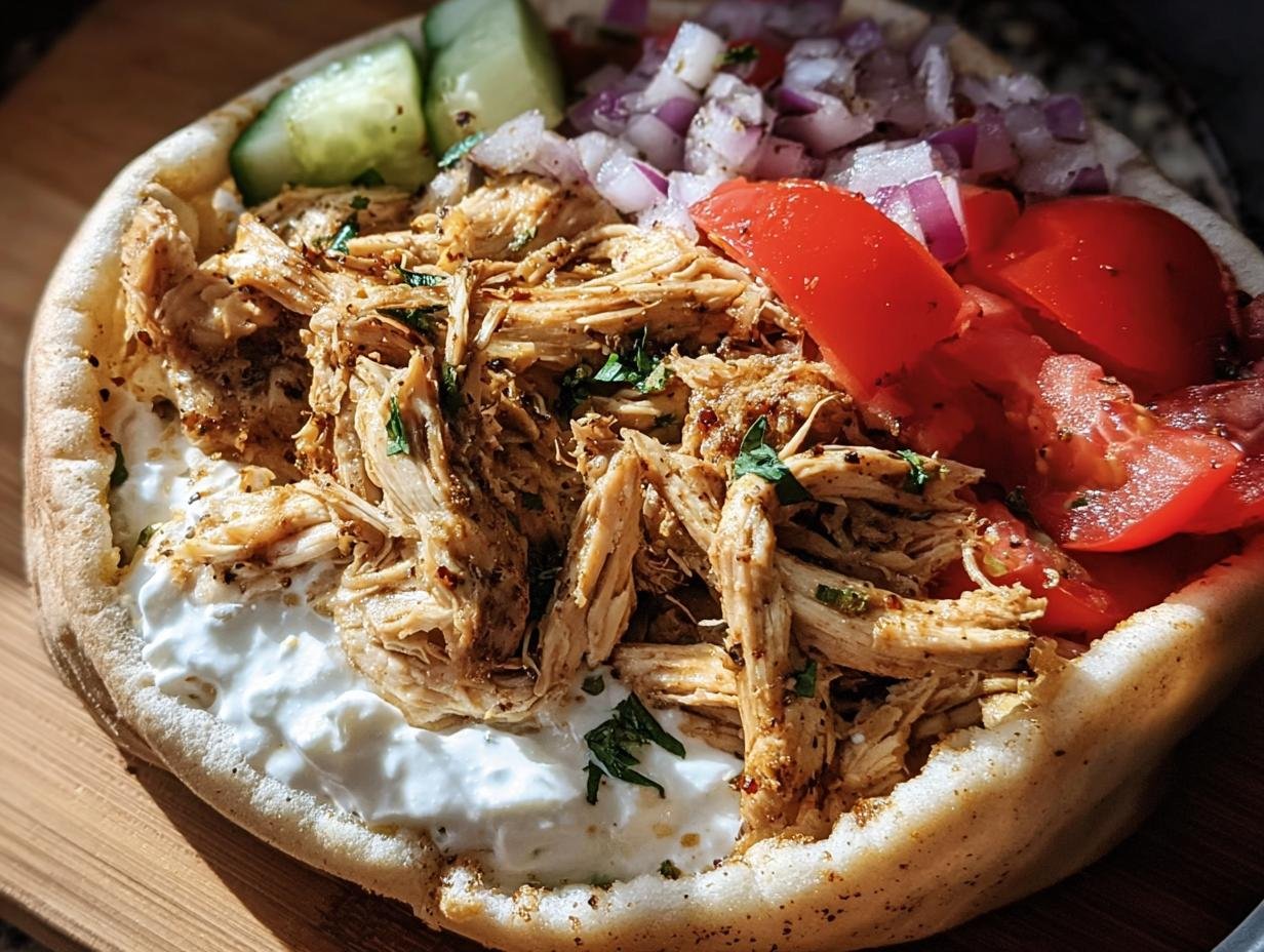 Close-up of Slow Cooker Chicken Shawarma in a pita with yogurt sauce, tomatoes, onions, and cucumbers.