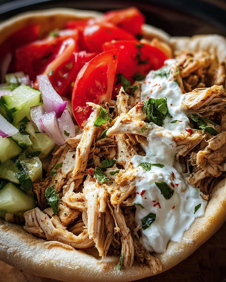 Close-up of Slow Cooker Chicken Shawarma in a pita with tomatoes, cucumbers, onions, and a creamy sauce.