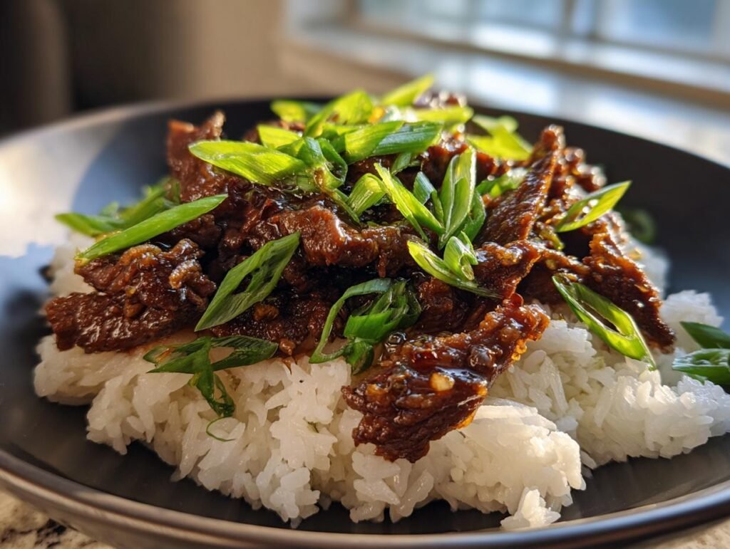 Close-up of Slow Roast Asian Beef served over white rice and garnished with fresh green onions.