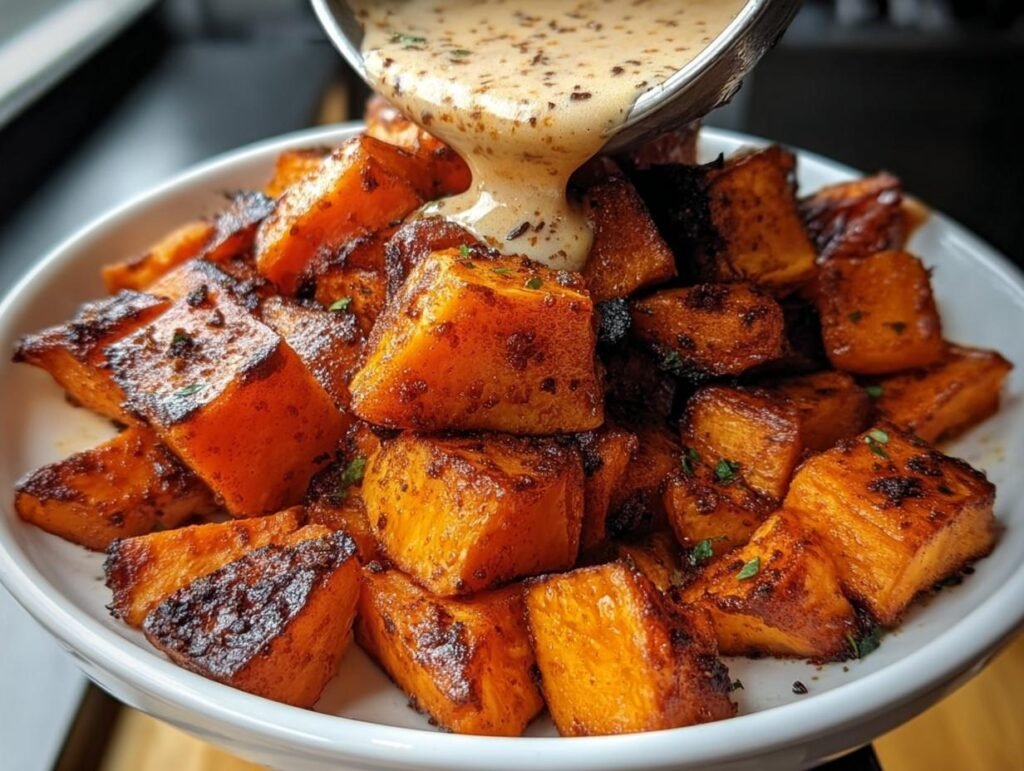 A bowl of Smoky Roasted Sweet Potatoes being drizzled with a creamy sauce.