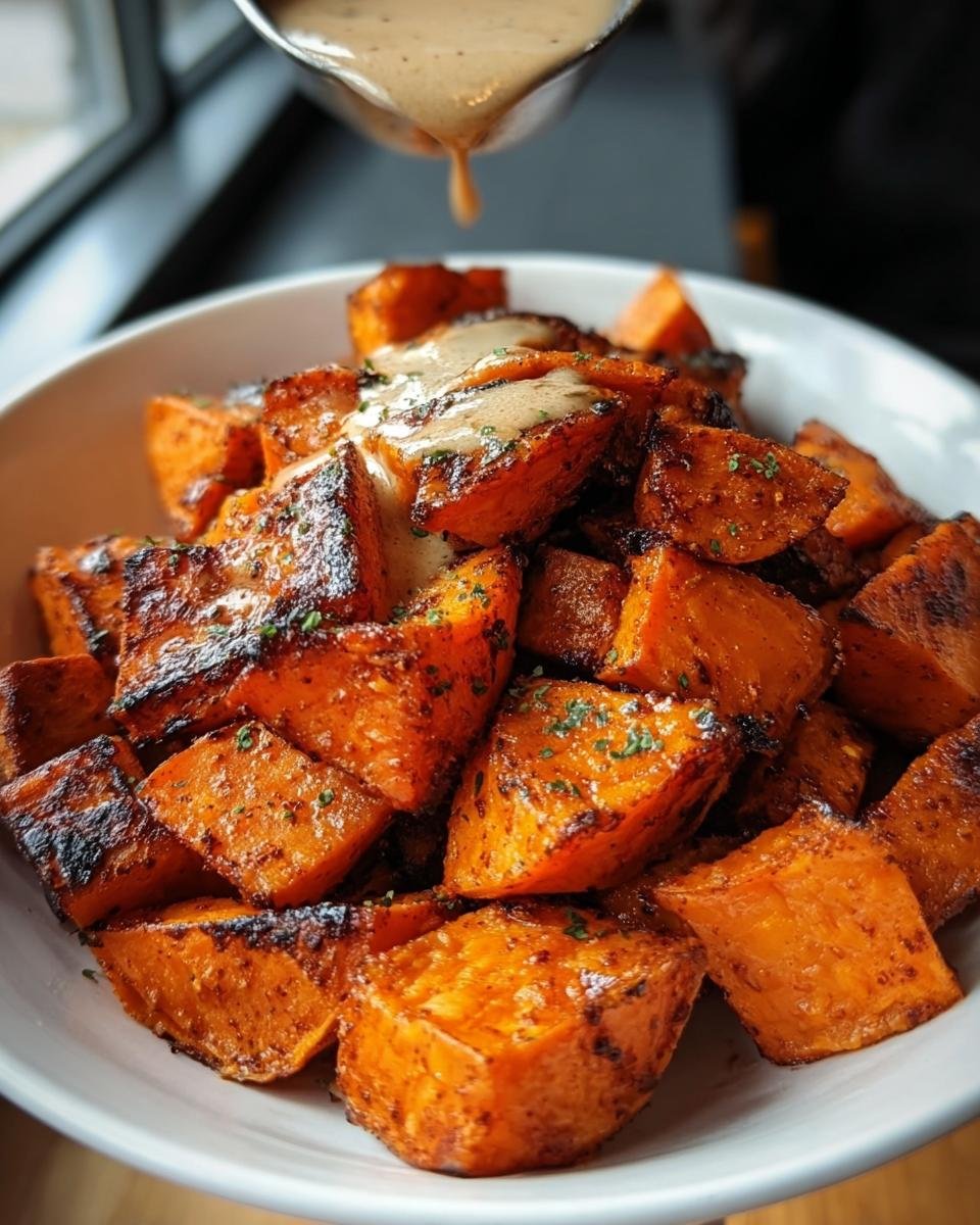 Bowl of smoky roasted sweet potatoes being drizzled with sauce, garnished with herbs.