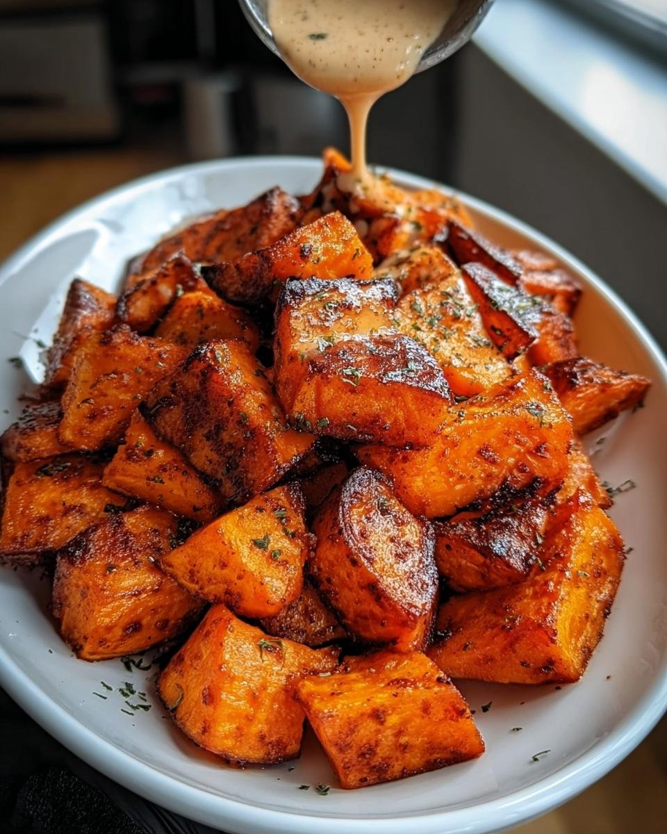 A bowl of Smoky Roasted Sweet Potatoes being drizzled with a creamy sauce.