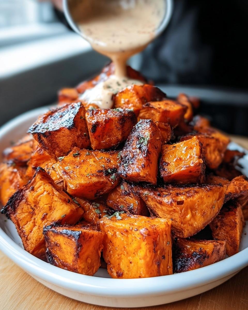 A plate of Smoky Roasted Sweet Potatoes being drizzled with a creamy sauce.
