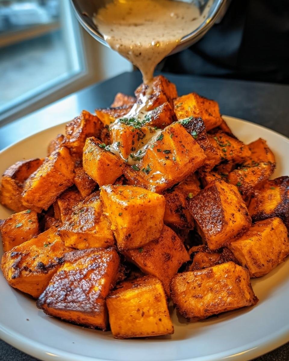 A plate of Smoky Roasted Sweet Potatoes being drizzled with a creamy sauce and garnished with herbs.
