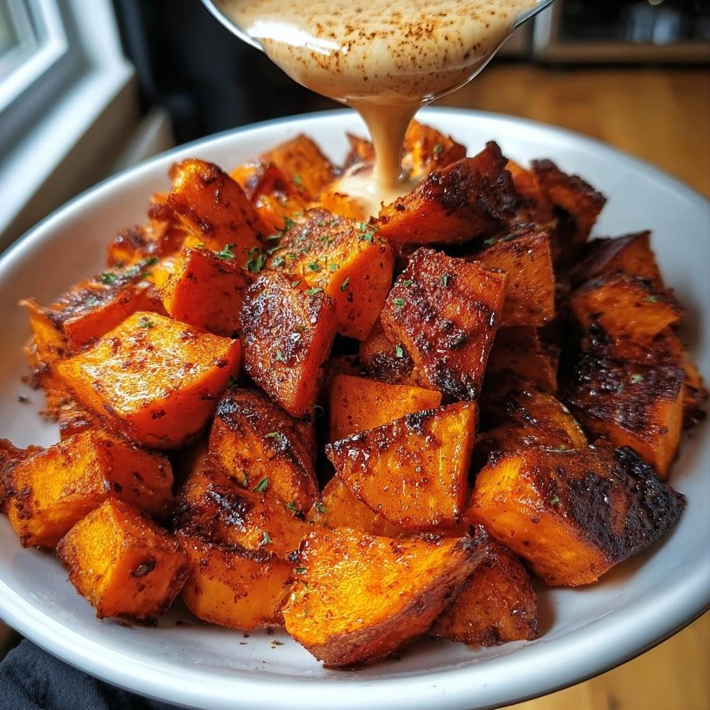 Close-up of Smoky Roasted Sweet Potatoes in a bowl being drizzled with a creamy sauce.