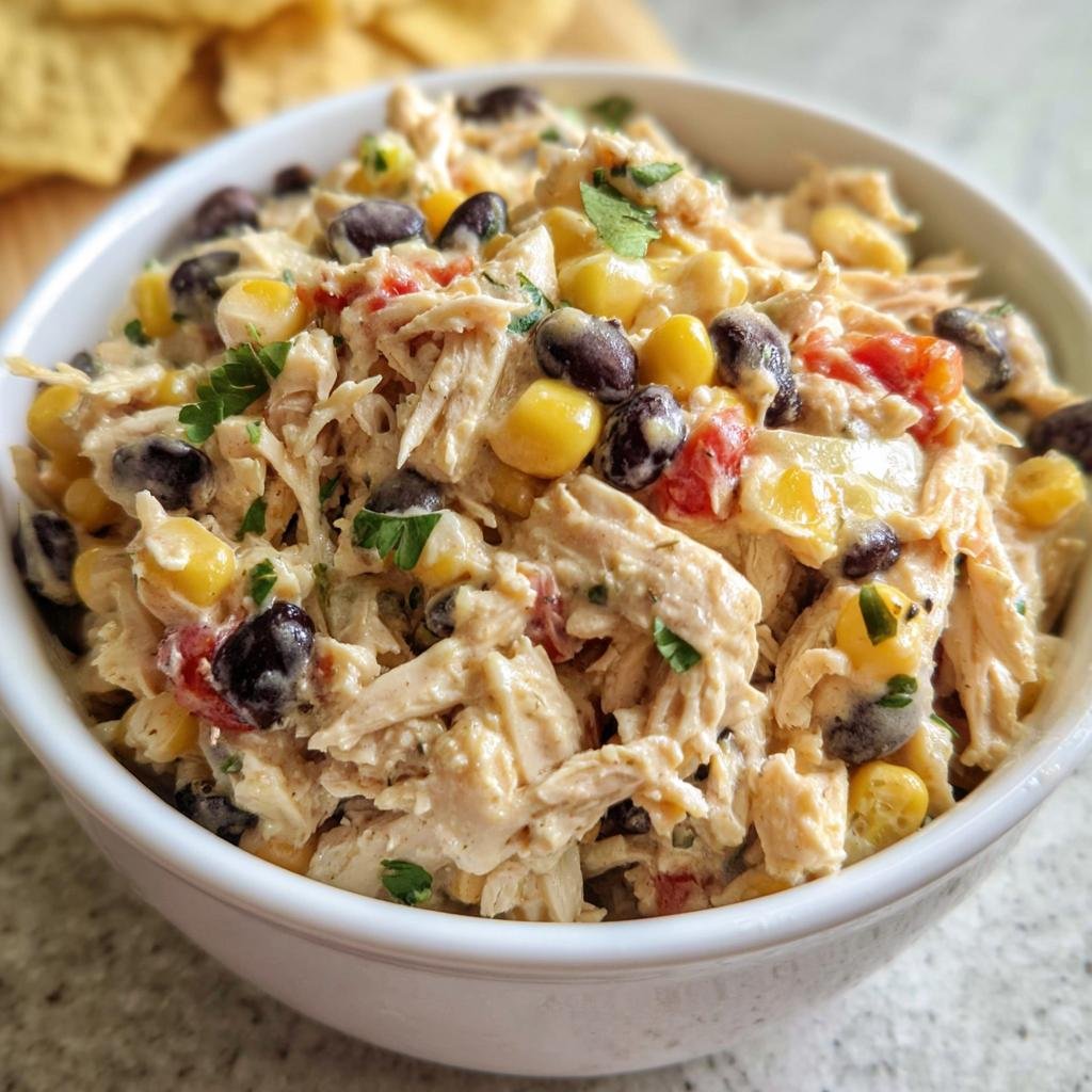 Close-up of creamy Southwest Chicken Salad in a white bowl with corn, black beans, and tomatoes.