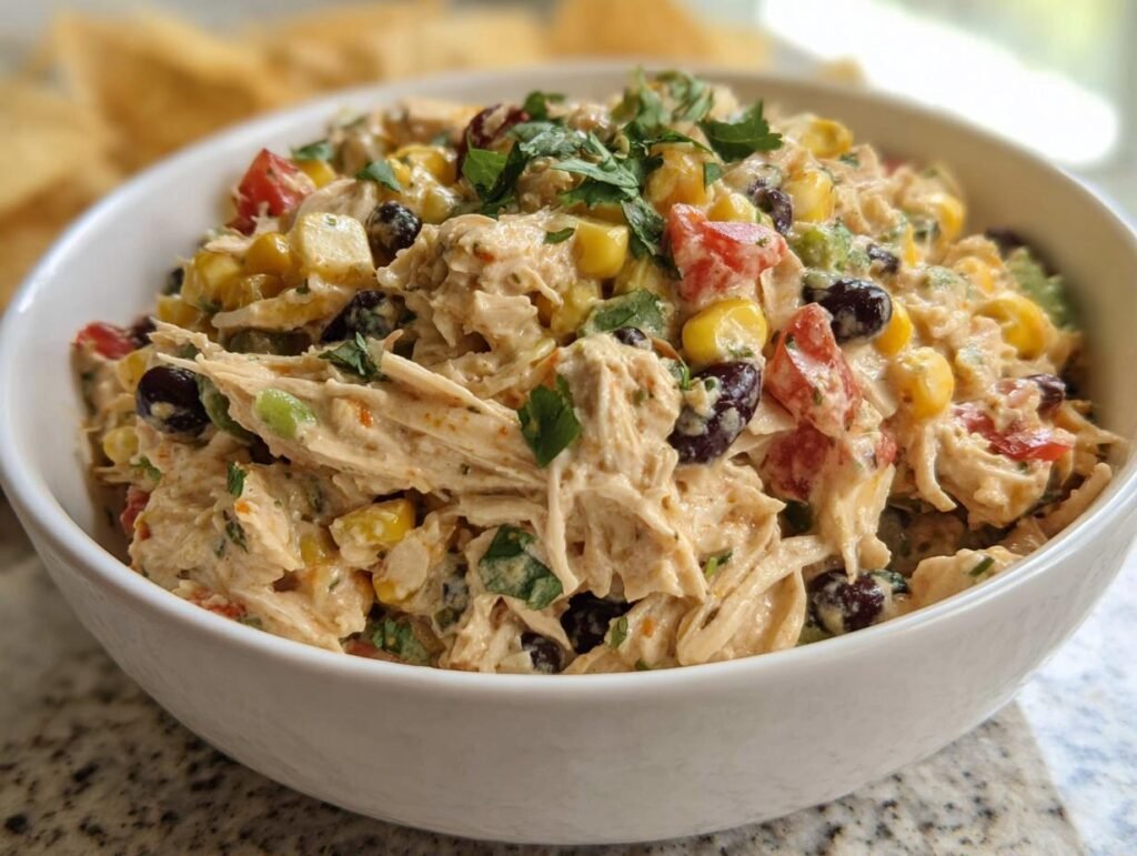 A vibrant bowl of Southwest Chicken Salad featuring chicken, corn, black beans, tomatoes, and cilantro.