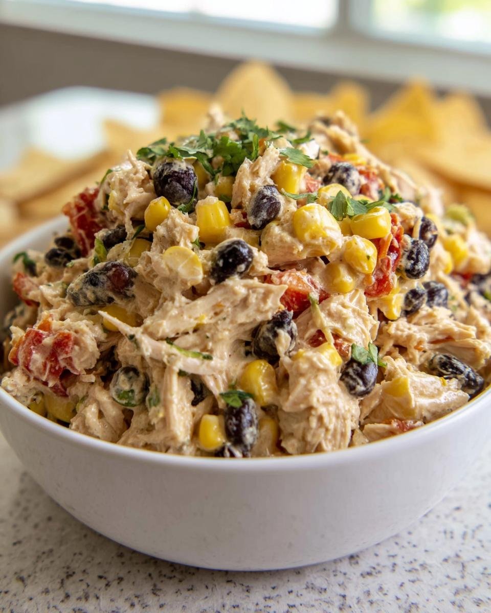 A bowl of Southwest Chicken Salad with chicken, corn, black beans, and tomatoes, garnished with cilantro.