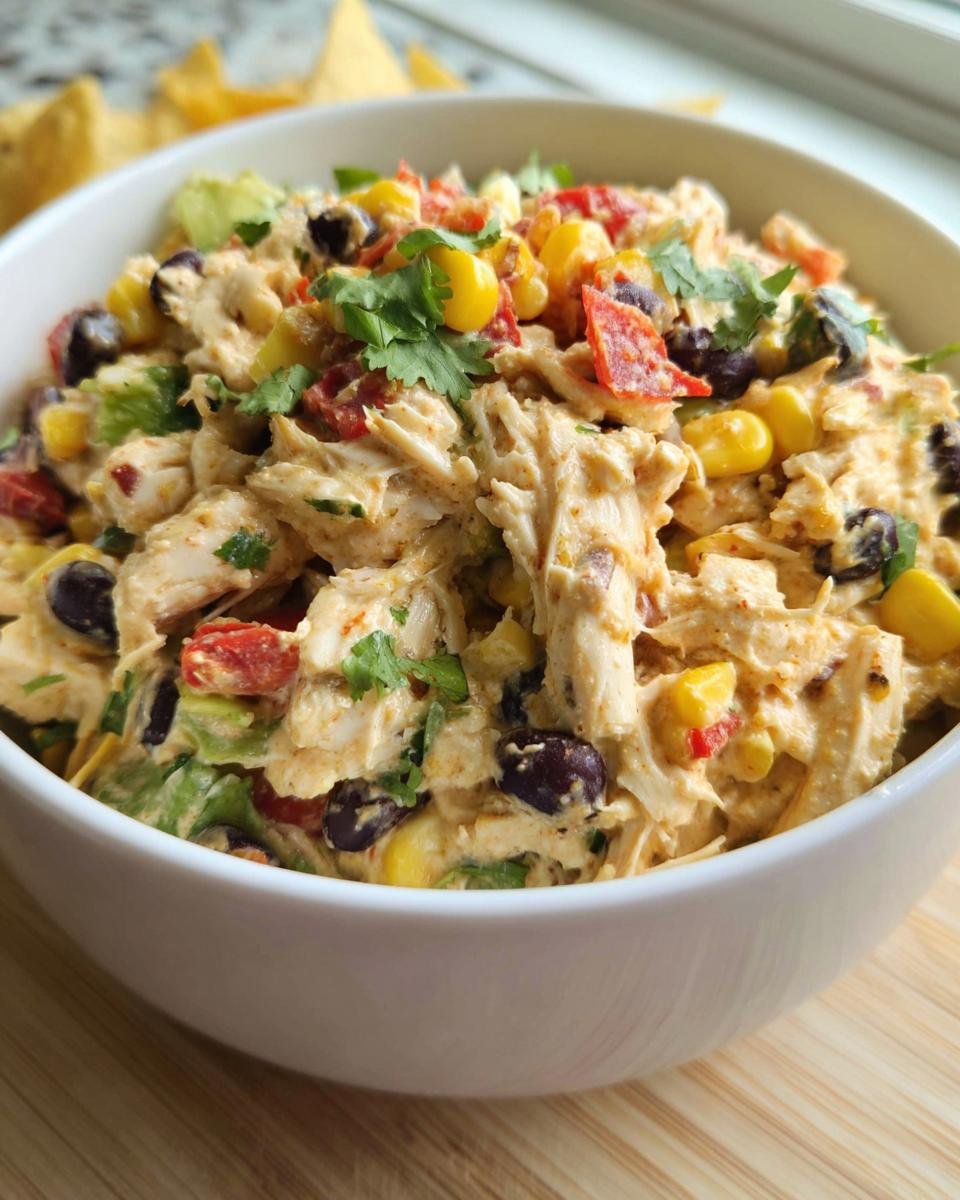 A bowl of Southwest Chicken Salad featuring chicken, corn, black beans, and peppers, garnished with cilantro.