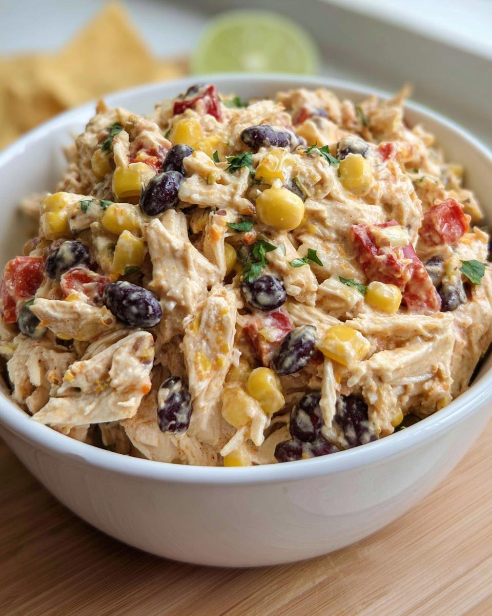 A close-up of a bowl of Southwest Chicken Salad with corn, black beans, and diced tomatoes.
