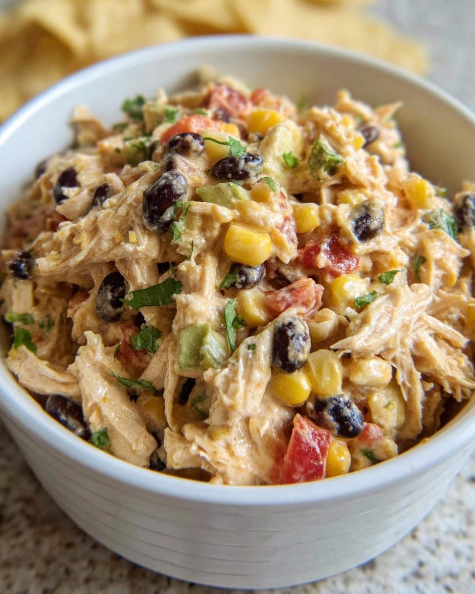 Close-up of a bowl filled with creamy Southwest Chicken Salad, featuring chicken, corn, black beans, and tomatoes.