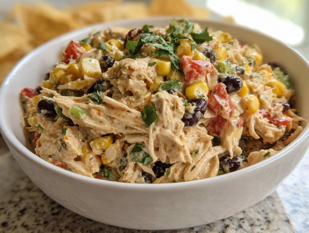 A vibrant bowl of Southwest Chicken Salad featuring chicken, corn, black beans, tomatoes, and cilantro.