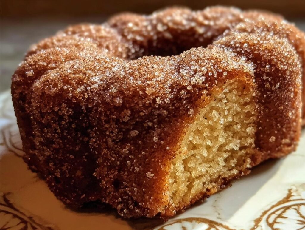 Close-up of a spiced apple cider donut with a sugar and spice coating, showing the soft interior.