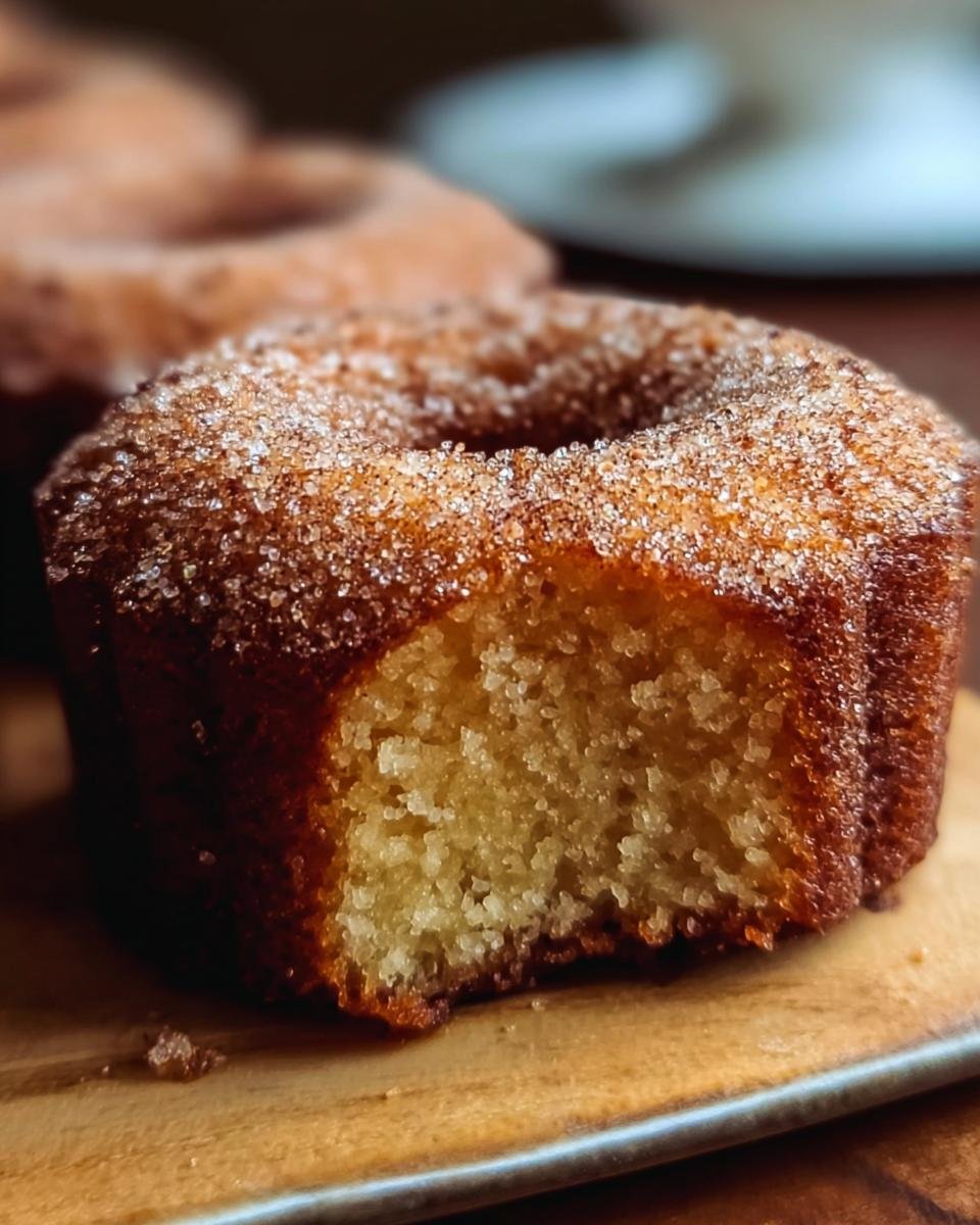 Close-up of a spiced apple cider donut with a bite taken out, showing the texture and sugar coating.