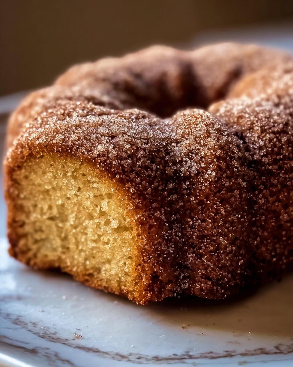 Close-up of a spiced apple cider donut bundt cake with a sugar coating, showing the crumb texture.