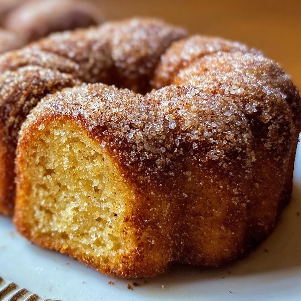 Close-up of a ring-shaped Spiced Apple Cider Donut coated in granulated sugar, with a piece cut out.