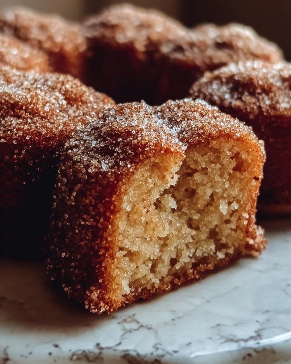 A close-up of a spiced apple cider donut with a bite taken out, revealing its texture and sugar coating.
