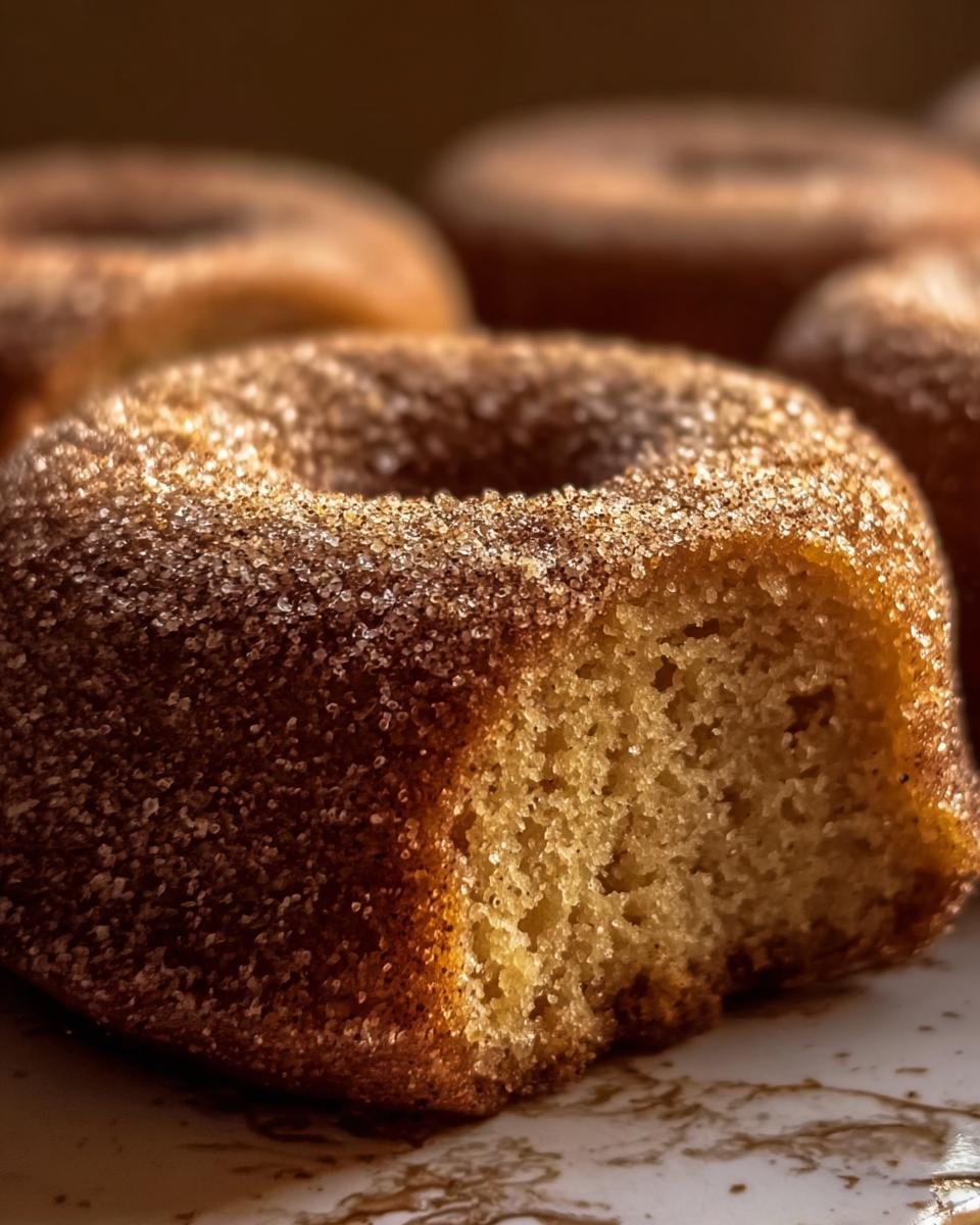 A close-up of a spiced apple cider donut with a bite taken out, showing the texture and cinnamon sugar coating.