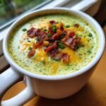 Close-up of Spicy Jalapeño Popper Soup in a mug, topped with bacon, cheese, and chives.