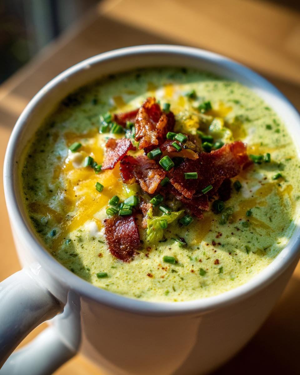 Overhead view of Spicy Jalapeño Popper Soup in a mug, topped with bacon, cheese, and chives.