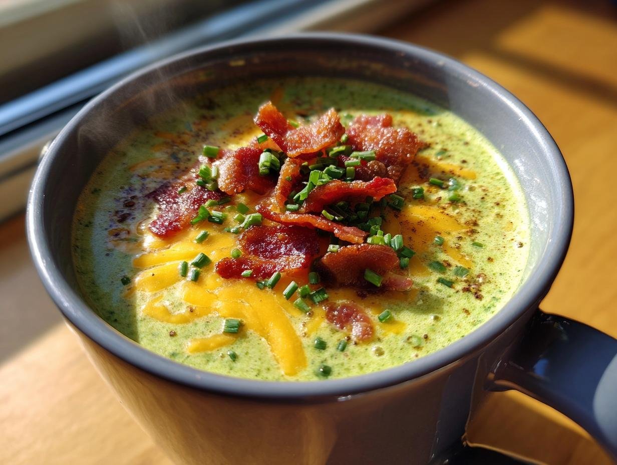 Close-up of Spicy Jalapeño Popper Soup in a mug, topped with bacon, cheese and chives.