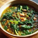 Close-up of a bowl of Spinach, Lentil and Bean Soup, showing the vibrant green spinach and various beans.