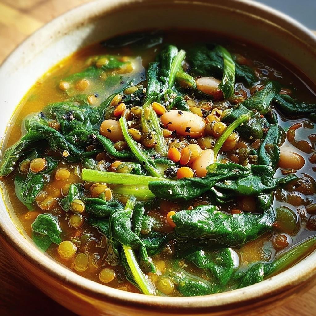 Close-up of a bowl of Spinach, Lentil and Bean Soup, showing the vibrant green spinach and various beans.
