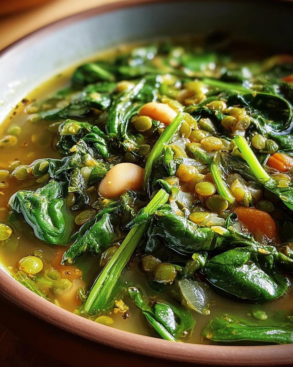 A close-up of a bowl of Spinach, Lentil and Bean Soup, showcasing the vibrant green spinach and various beans.