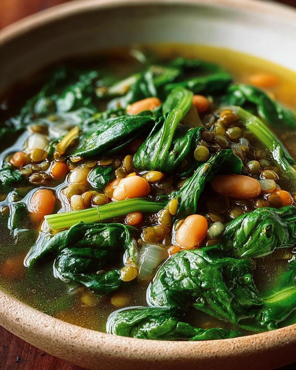 Close-up of a hearty bowl of Spinach, Lentil and Bean Soup, showcasing the vibrant greens and creamy beans.