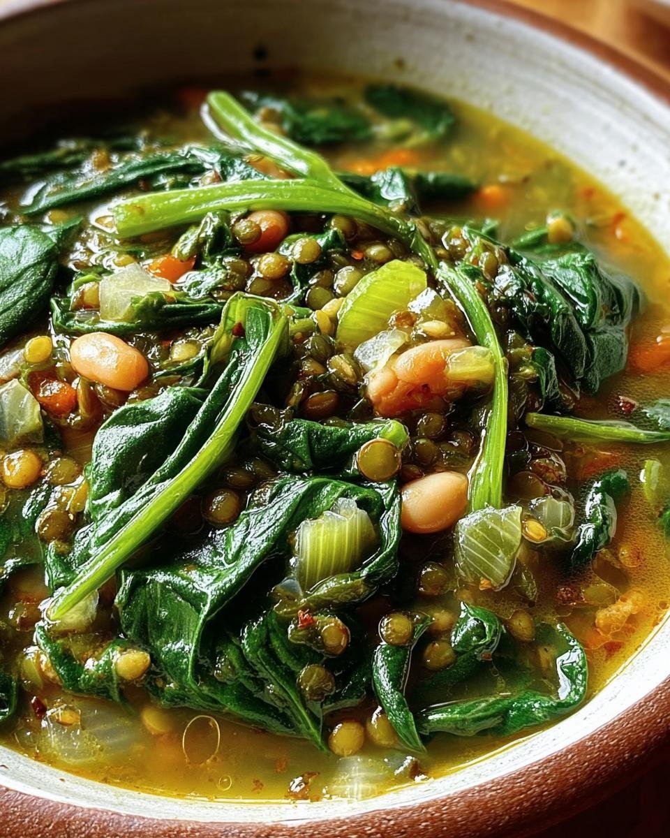 Close-up of a bowl of Spinach, Lentil and Bean Soup, showcasing the vibrant green spinach and hearty lentils.