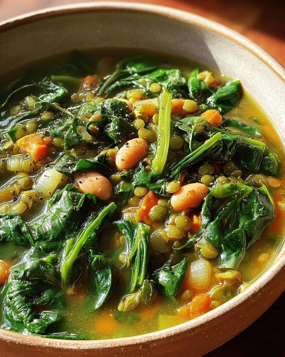 Close-up of a bowl of Spinach, Lentil and Bean Soup, showcasing the vibrant greens and creamy broth.