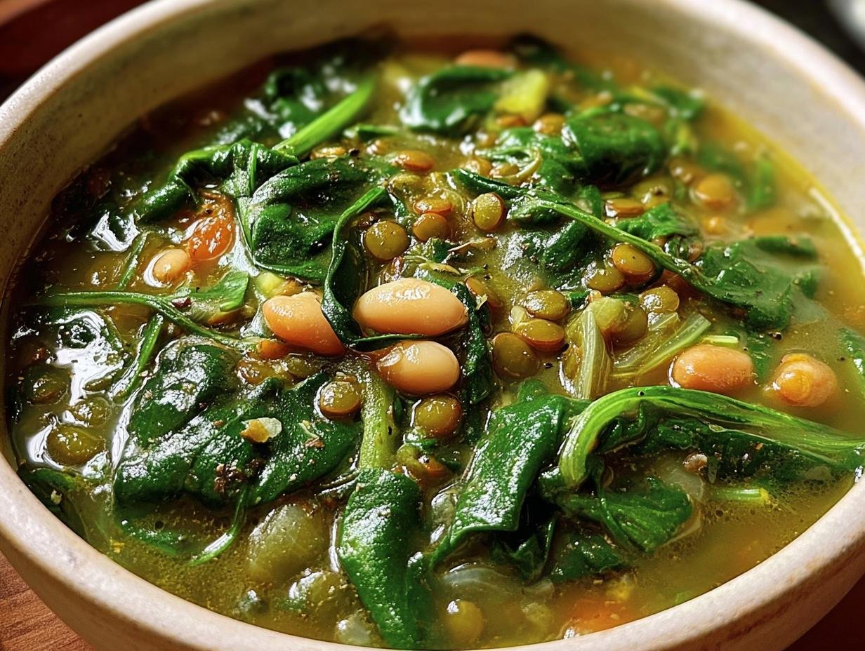 A bowl of Spinach, Lentil and Bean Soup, filled with spinach, lentils, and beans in a savory broth.