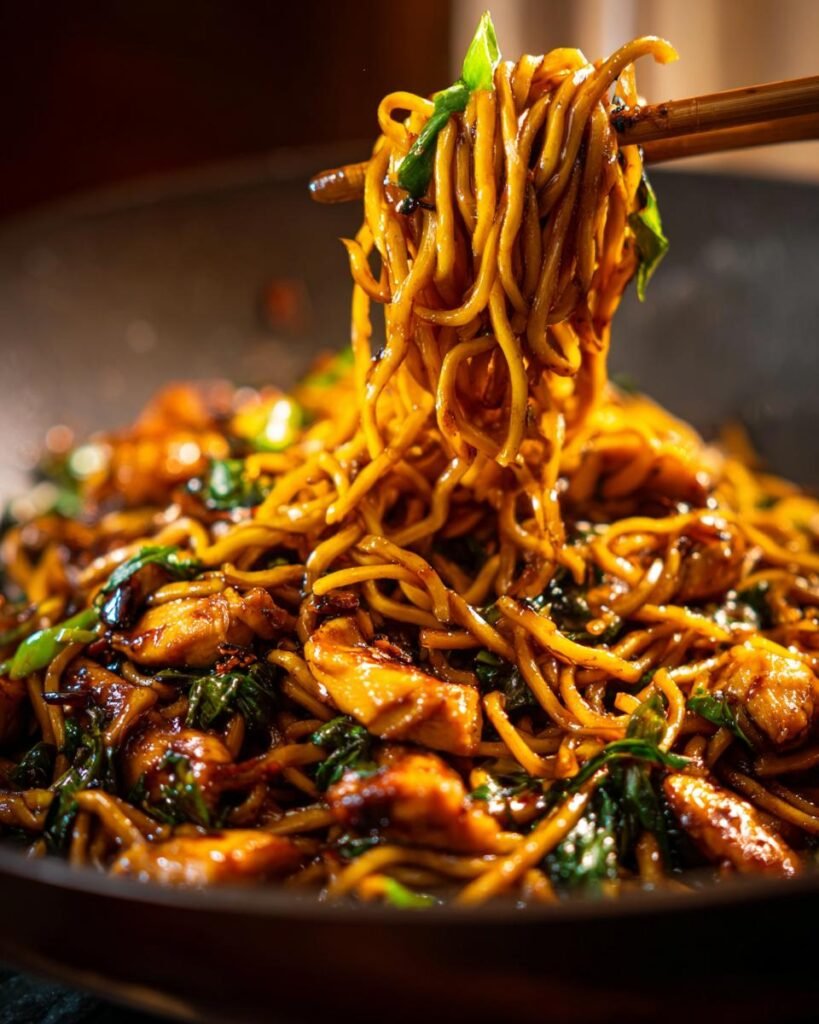 Close-up of Sticky Garlic Chicken Noodles being lifted with chopsticks, showing chicken and spinach.