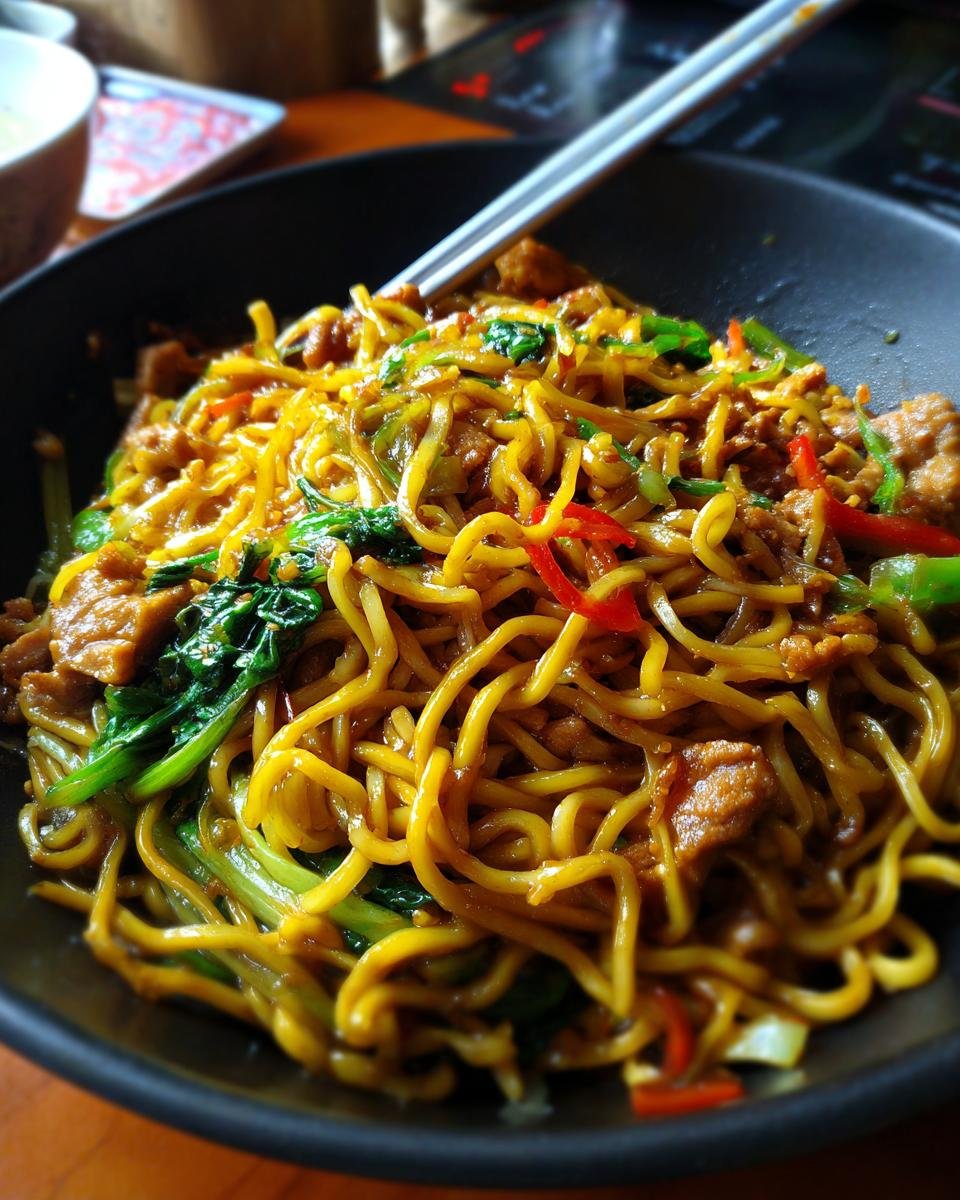 A tempting bowl of Sticky Garlic Chicken Noodles with chicken, vegetables, and chopsticks.