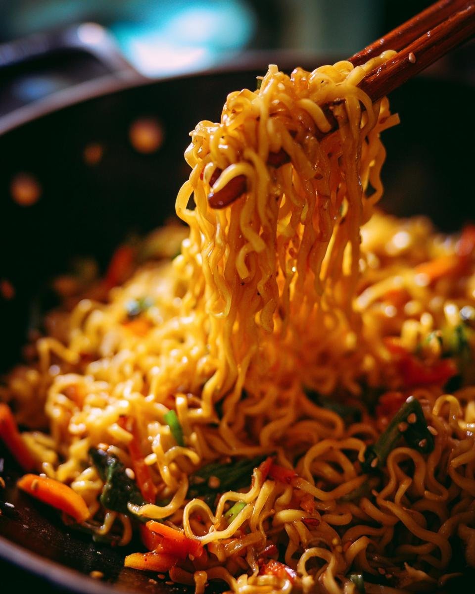 Close-up of Sticky Garlic Chicken Noodles being lifted with chopsticks, showing noodles and vegetables.